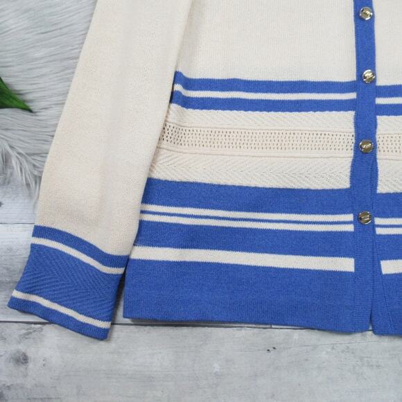 ST. JOHN Santana Knit Cream & Blue Striped Button Front Jacket Women's Size 4 - Picture 8 of 13
